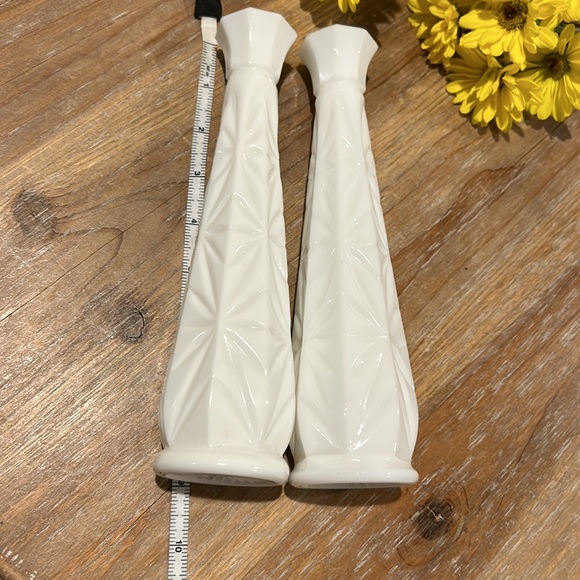 Two Vintage White Milk Glass Bud Vase. 9” - Picture 9 of 16